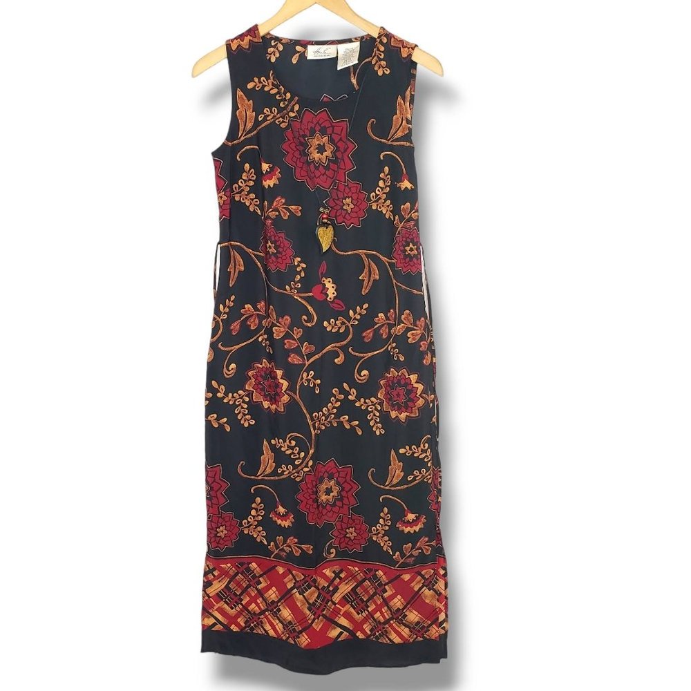 Vintage 90's Kathie Lee Collection Black and Red Floral Print Maxi Dress Small